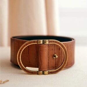 Sezane fetiche brown leather alligator embossed belt